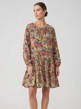 Warehouse Floral Long Sleeve Tiered Loose Fit A-Line Mini Dress Size 12 Large